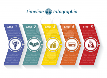 Template Timeline Infographic from colour arrows numbered for 5 position can be used for workflow, banner, diagram, web design, area chart