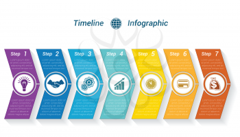  Template Timeline Infographic from colour arrows numbered for 7 position can be used for workflow, banner, diagram, web design, area chart