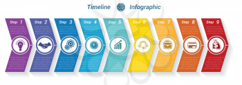 Template Timeline Infographic from colour arrows numbered for 9 position can be used for workflow, banner, diagram, web design, area chart