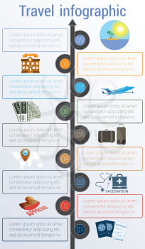  Tourism and travel concept infographic. Template 9 positions. Motorway, passports, visa stamp, card, point, syringe, medical set, dollars,suitcase, tickets, jet, hotel, island, palm, sea, sun, sky  