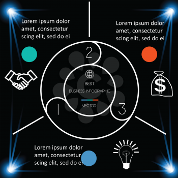 Best Infographic Template 3 position for information on dark background. Business chart for presentations.