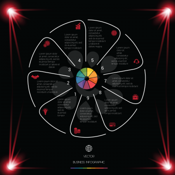 Business chart for presentations. Circle Lines Infographic 9 Positions dark background with red light