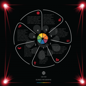  Business chart for presentations. Circle Lines Infographic 7 Positions dark background with red light  