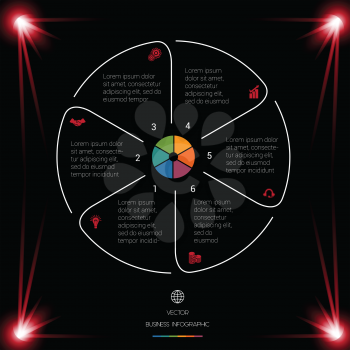  Business chart for presentations. Circle Lines Infographic 6 Positions dark background with red light 