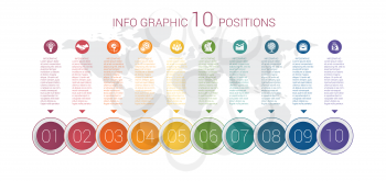 Modern minimal colorful diagram info graphics. Vector template 10 positions against the background of the world map. 