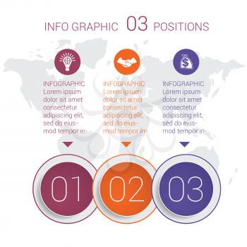 Modern minimal colorful diagram info graphics. Vector template 3 positions against the background of the world map.