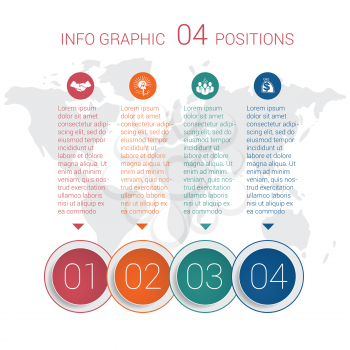 Modern minimal colorful diagram info graphics. Vector template 4 positions against the background of the world map.