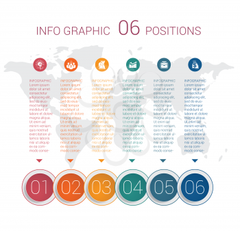 Modern minimal colorful diagram info graphics. Vector template 6 positions against the background of the world map.