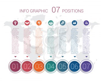 Modern minimal colorful diagram info graphics. Vector template 7 positions against the background of the world map.