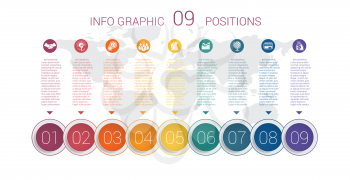 Modern minimal colorful diagram info graphics. Vector template 9 positions against the background of the world map.
