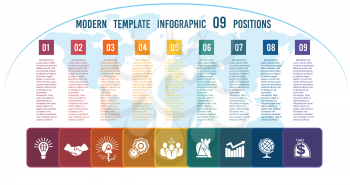 Charts business infographic template step by step Colour squares with columns for the text on a world map 09 positions