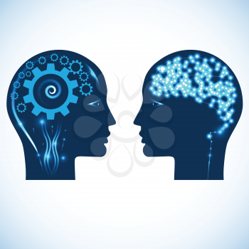 Gear wheels and a shone brain, concept rational and creative thinking heads of two people