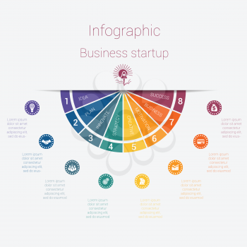 Vector semicircle template infographics startup business concept with 8 parts, options, steps, illustration for cyclical diagram, pie chart, area chart, business presentation, web design