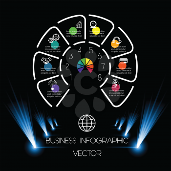 Best Chart Template 8 position for information on dark background. Business infographic for presentations. 