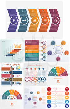 Set 10 universal templates elements Infographics conceptual cyclic processes for 5 positions possible to use for workflow, banner, diagram, web design, timeline, area chart,number options