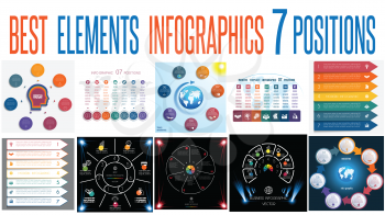 Set 10 universal templates elements Infographics conceptual cyclic processes for 7 positions possible to use for work flow, banner, diagram, web design, time line, area chart,number options