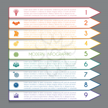 Template infographic horizontal white strips on colorful arrows lines 9 positions for text