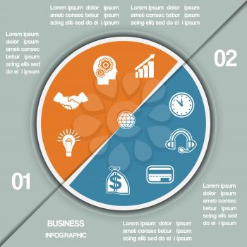Infographic Pie chart template from colourful circle with text areas on two positions