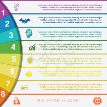 Infographics strips and colorful semicircle for business conceptual cyclic processes on eight positions possible to use for workflow, banner, diagram, web design, timeline, area chart 