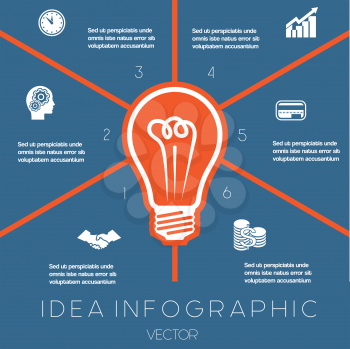 Idea Business Concept. Light bulb infographics template on six positions possible to use for workflow, banner, diagram,  web design, timeline, area chart