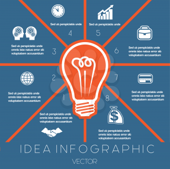 Idea Business Concept. Light bulb infographics template on eight positions possible to use for workflow, banner, diagram,  web design, timeline, area chart