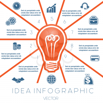 Light bulb infographics template on ten positions possible to use for workflow, banner, diagram, web design, timeline, area chart