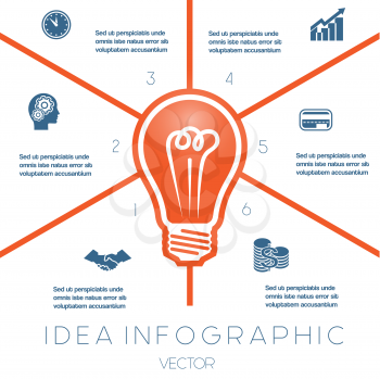 Light bulb infographics template on six positions possible to use for workflow, banner, diagram, web design, timeline, area chart
