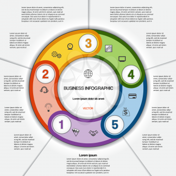 Infographic for success business project, multi-coloured ring numbered, template with text area on five positions  