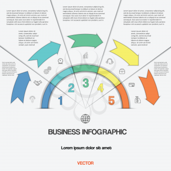 Infographic for success business project template with text areas on five positions, Easy to edit vector illustration with 5 colour arrows and semicircle