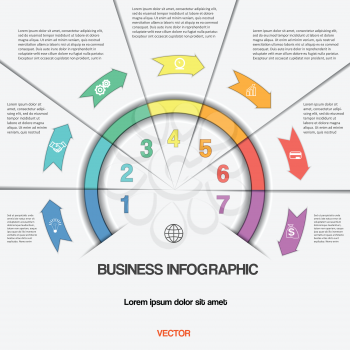 Infographic for success business project template with text areas on seven positions, Easy to edit vector illustration with 7 colour arrows and semicircle