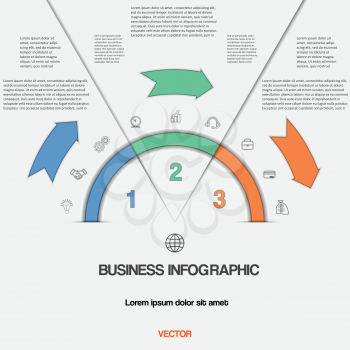 Infographic for success business project template with text areas on three positions, Easy to edit vector illustration with 3 colour arrows and semicircle