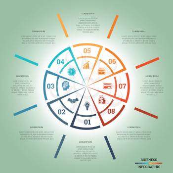 Infographic Pie chart template colourful circle from lines with text areas on eight positions