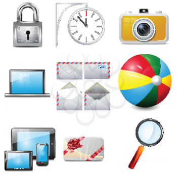 Set 14 vector realistic icons,  camera,  laptop, mobile phone,  tablet, magnifying glass, colorful  ball, metallic padlock,  envelope, clock, gift card 