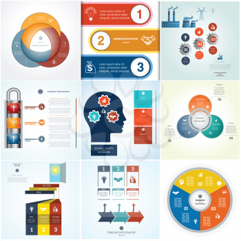  Infographics 9 templates business conceptual cyclic processes three positions for text, possible to use for workflow, banner, diagram, web design, timeline, area chart