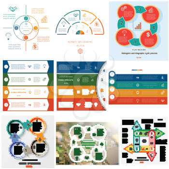 Set 9 templates. Infographics for business conceptual cyclic processes on four positions possible to use for workflow, banner, diagram, web design, timeline, area chart 