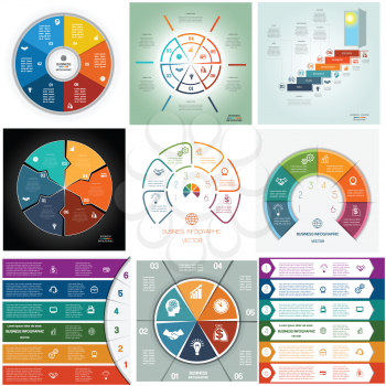 Set 9 templates, Infographics business conceptual cyclic processes, six positions for text area, possible to use for workflow, banner, diagram, web design, timeline, area chart