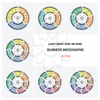 Business infographic for success project and other Your variant. Set, vector illustration ring chart template with text areas and arrows on 3,4,5,6,7,8,9 positions