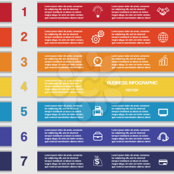 Seven colour strips, template infographics for business conceptual cyclic processes , workflow, banner, diagram, web design, timeline, area chart