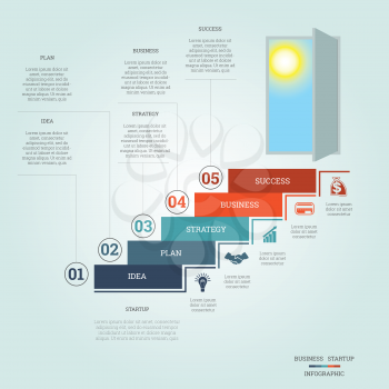 Business success startup, Conceptual infographics steps up ladders and doorway, template five positions, possible to use for workflow, banner, diagram, web design, timeline, area chart, number options, step up options