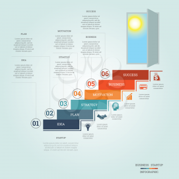 Business success startup, Conceptual infographics steps up ladders and doorway, template six positions, possible to use for workflow, banner, diagram, web design, timeline, area chart, number options, step up options