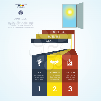  Vector illustration Infographic template steps up ladders and doorway, sky, sun, startup business concept with three steps or processes. Can be used for workflow, banner, diagram, web design, timeline, area chart,number options