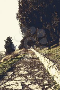 Trail made of stone and rock in the park of Kalemegdan in Belgrade