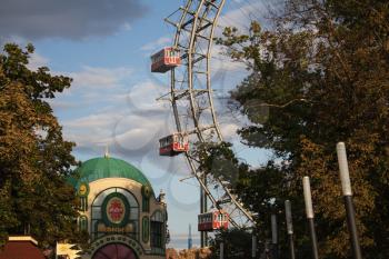 VIENNA, AUSTRIA - AUGUST 16, 2019 -  Ferris Wheel at Amusement Park Prater on August 16, 2019 in Vienna, Austria 

