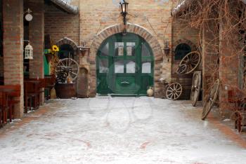 Winter scene with old farm yard