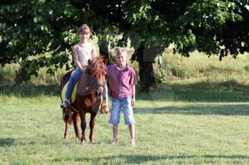 happy little girl and boy with pony horse on field