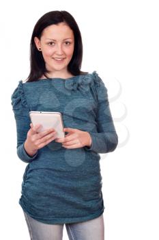 beautiful teenage girl with tablet pc on white 