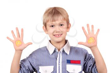 happy boy with smiley on hand