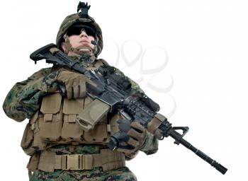 Young US soldier with his rifle on white background