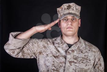 Shoulder portrait of saluting United States Marine Corps infantry in camo uniform and eight-pointed utility cap or cover with USMC Eagle, Globe, and Anchor emblem, studio shoot on black background