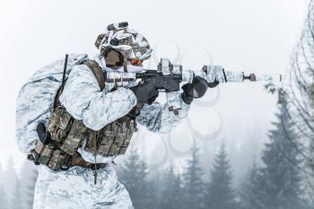 Winter arctic mountains warfare. Action in cold conditions. Trooper with weapons in forest somewhere above the Arctic Circle. Profile, side view